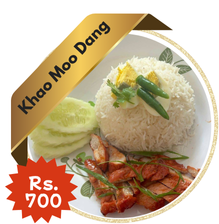 A classic plate of Khao Moo Daeng (Thai red pork with rice), featuring slices of red BBQ pork over steamed rice, topped with sweet red sauce and served with cucumber, boiled egg, and green onions.